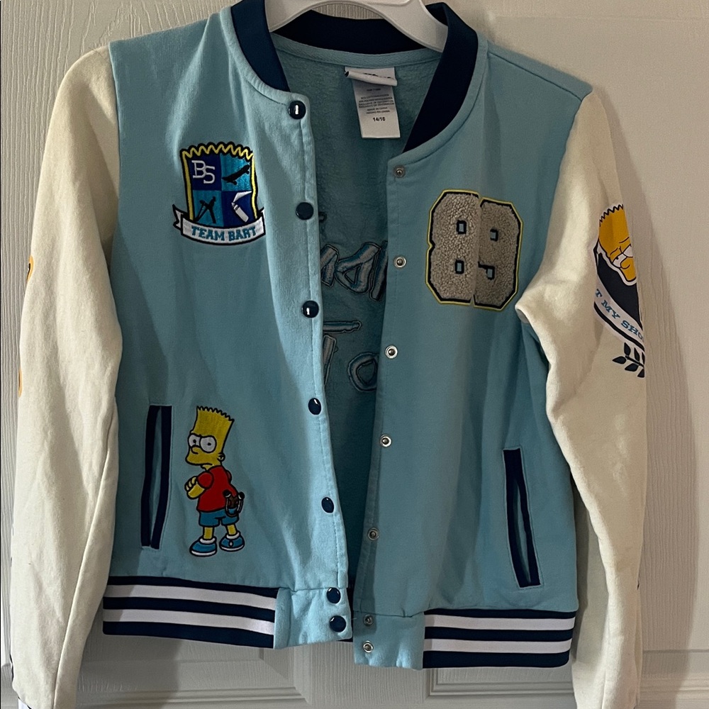 Blue and White Varsity Jacket with Bart Simpson Patches
